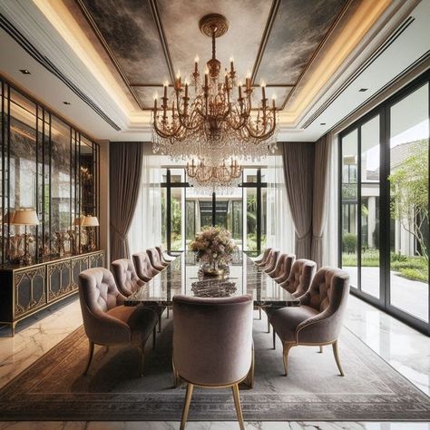 Grand Chandelier, Luxurious Dining Room, Dining Room Ceiling, Luxury Dining Room, Room Ceiling, Beautiful Interior Design, Luxury Dining, Floor To Ceiling Windows, Elegant Home Decor