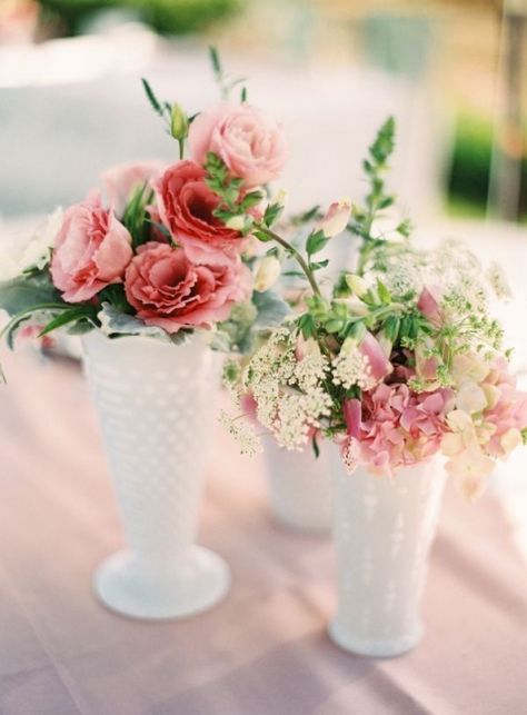 Roses in Vintage Milk Glass | Jessica Burke Photography | Fall 2015 Wedding Colors in Taupe, Mauve, and Dusty Rose Milk Glass Flower Arrangements, Neutral Wedding Palette, Milk Glass Centerpiece, Milk Glass Wedding, Luncheon Ideas, Milk Glass Decor, Table Rentals, Deco Champetre, Milk Glass Collection