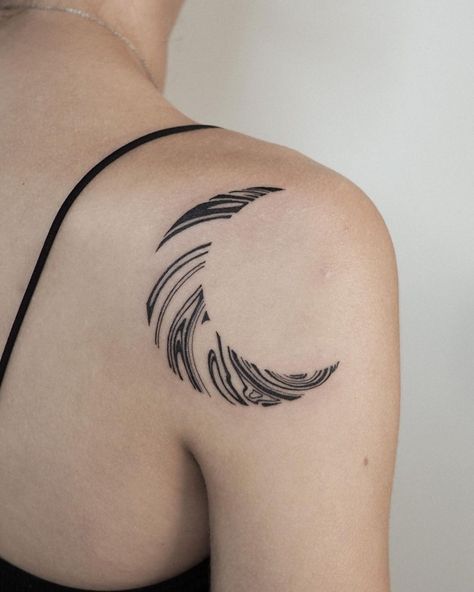 Moon Shadow Tattoo, Swirl Moon Tattoo, Stippled Moon Tattoo, Moonscape Tattoo, Suminagashi Tattoo Shoulder, Abstract Moon Tattoo, Moon Shoulder Tattoo, Crescent Tattoo, Vienna Tattoo