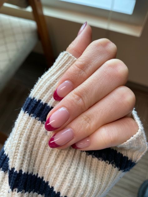 Short Red Hoco Nails, Garnet French Tip Nails, Dark Pink French Tip Nails Almond, Short Nail Red French Tip, Raspberry French Tip Nails, Cranberry French Tip Nails, Small Almond French Tip Nails, Nails For Skiing, Berry French Tip Nails