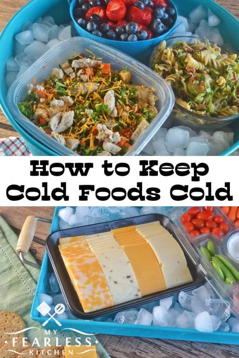 Keep Cold Foods Cold at Your Summer Potluck from My Fearless Kitchen. Do you have a summer party or a potluck coming up? You'll want these easy tips to keep your cold foods cold, even in the summer heat. Party Food Cold, Cold Food Buffet, Cold Buffet, Summer Potluck, Cold Foods, Cold Dishes, Tailgate Food, Outdoor Food, Picnic Food