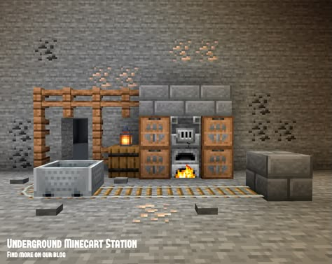 A simple and easy underground minecraft mineshaft build idea. This build functions as a minecart unloading area with furnaces. Add this to your minecraft project idea list today. #minecraft Furnace Area Ideas Minecraft, Minecraft Mineshaft Build, Minecraft Crafting Area Ideas, Minecraft Minecart Ideas, Minecraft Area Ideas, Functional Minecraft Builds, Mining Area Minecraft Ideas, Furnace Area Minecraft, Minecraft Furnace Area