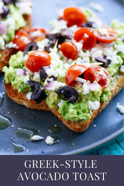 Greek-Style Avocado Toast is a treat for any meal! You'll love Greek-Style Avocado Toast for your next meal! #meatlessmonday #avocado #avocadotoast #vegetarian #sandwiches Avocado Dessert, Salad Recipe Ideas, Open Faced Sandwich, Avocado Toast Recipe, Avocado Recipes, Toast Recipes, Breakfast And Brunch, Mediterranean Recipes, Clean Eating Snacks