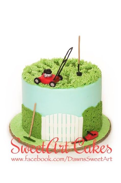 Birthday cake, landscape cake, lawnmower cake Landscaping Party Theme, Landscape Cake Ideas, Mower Cake, Lawn Mowing Cake, Lawn Mower Cookies, Lawn Mower Birthday Cake, Lawnmower Cake, Lawn Mowing Birthday Cake, Gardening Cake For Men