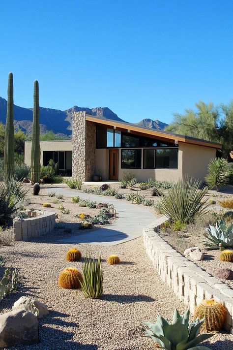 Mid-century modern house with desert landscape and mountains. Peek at the retro charm of 60s style house exteriors and find inspiration for adding a splash of timeless groove to your home. Palm Springs House Exterior Mid Century, Mid Century Desert Home, Palm Springs House Exterior, Desert House Design, Desert Modern House, Desert Home Exterior, 60s Architecture, Dessert House, Oasis Springs