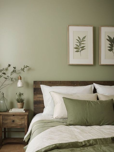 Bedroom Inspirations Green And Brown, Botanical Minimalist Bedroom, Master Bedrooms Decor Cozy Sage Green, Light Olive Green Walls Bedroom, Sage Green And Walnut Bedroom, Sage Green And Wooden Bedroom, Sage Green Painted Walls Bedroom, Wood And Sage Green Bedroom, Room Green Walls Aesthetic