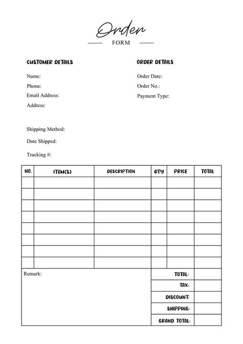 Order Form Printable Free, Small Business Needs List, Purchase Order Template Design, Customer Information Sheet Printable, How To Organize Small Business Orders, How To Keep Track Of Customer Orders, Order Form Template Online Shop, Small Business Sales Tracker, Product Costing Template