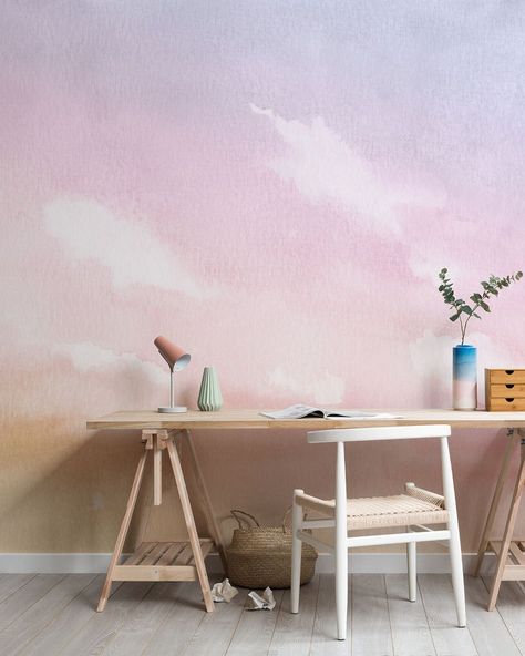 MuralsWallpaper on Instagram: “Sunset views all day long 😌 The ‘Cirrus Sunset’ mural is painted with pastel watercolour tones to make your space more dreamy. Shop our…” Cloud Sky Wallpaper, Sunset Mural, Wall Mural Design, Pink Clouds Wallpaper, Watercolor Clouds, World Map Wallpaper, Kids Bedroom Design, Sky Wallpaper, Map Wallpaper