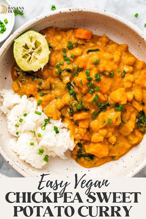 This hearty sweet potato curry is easy to make and packed with plant protein from chickpeas and a nutty garlicky flavor from peanut butter and loads of veggies! This is the easy vegan comfort dinner recipe to keep you warm all winter long! Peanut Butter Sweet Potato, Pumpkin Sweet Potato Soup, Sweet Potato Chickpea Curry, Sweet Potato Peanut Butter, Peanut Butter Curry, Vegan Mushroom Risotto, Vegan Sweet Potato Casserole, Easy Roasted Potatoes, Vegan Butternut Squash Soup