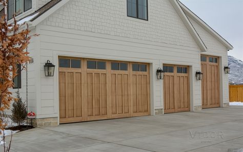 Brown Garage Door, Cedar Garage Door, Garage Door Lights, Double Garage Door, Garage Door House, Timber Garage, Garage Door Windows, Wooden Garage Doors, Wood Garage