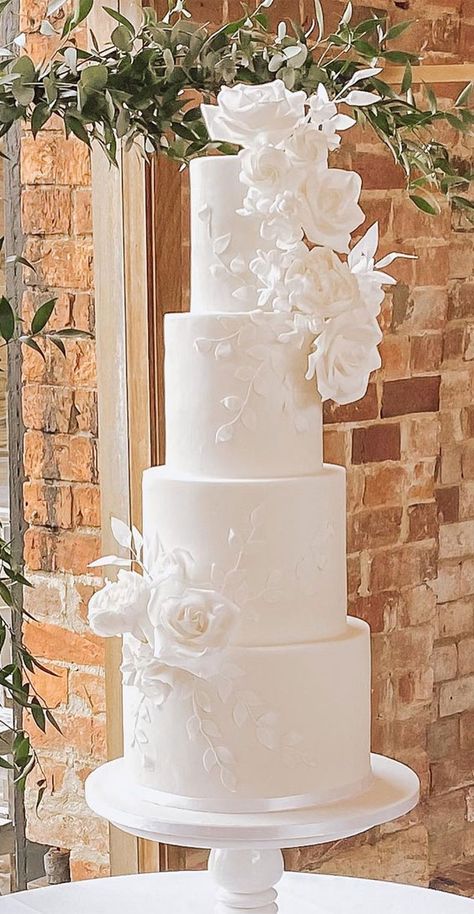 79 wedding cakes that are really pretty! Tall Wedding Cake, Publix Wedding Cake, Romantic Wedding Cakes, White On White Wedding, Classy Wedding Cakes, Fake Wedding Cakes, Tall Wedding Cakes, Wedding Cake Trends, 4 Tier Wedding Cake