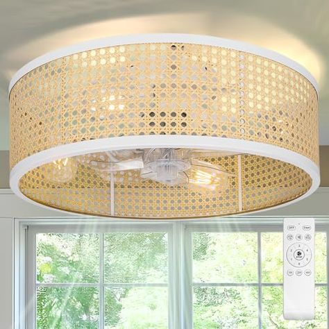 Rattan Ceiling Fan, Rattan Ceiling, Color Changing Light Bulb, Low Ceiling Lighting, Flush Mount Ceiling Fan, Color Changing Lights, Fan With Light, Living Room White, Ceiling Fan In Kitchen