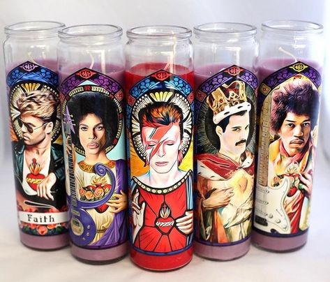 Saint Candles, Rock Candle, Gel Candles, Rock Gifts, Candle Glow, Prayer Candles, Art Parody, Candle Packaging, Rock N’roll