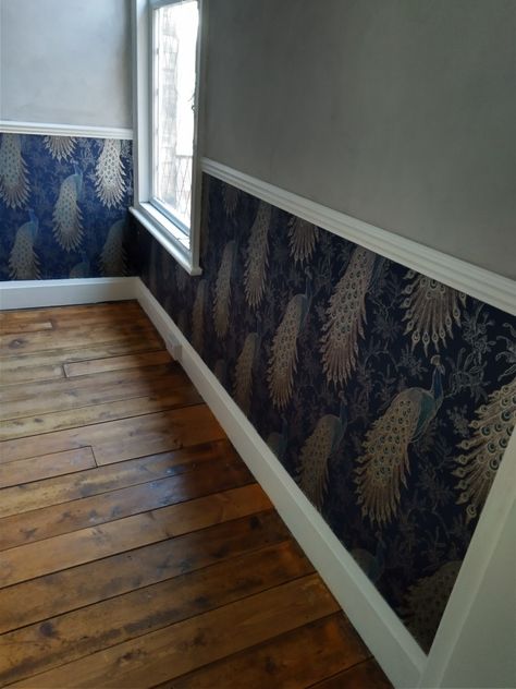 Wallpaper Under Dado Rail, Wallpaper Above Dado Rail, Dado Rail Wallpaper, Wallpaper Dado Rail, Half Wallpaper Wall, Stripped Floorboards, Dado Rail Living Room, Lime Render, Hall Wallpaper