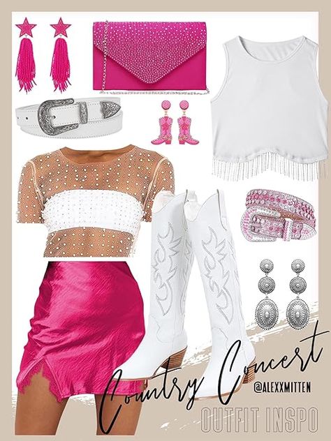 Check out this photo from Alexandra Aubrey Country Concert Outfit With Pink Boots, Hot Pink Nashville Outfit, Shania Twain Outfits Concert, Shaina Twain Concert Outfit, Nashville Pink Outfits, Pink Country Concert Outfit, What To Wear To A Pink Concert, Amazon Concert Outfit, Pink Nashville Outfit