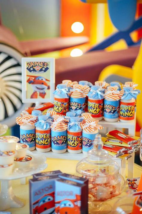 its super wings time!!! | CatchMyParty.com Planes Movie Birthday Party, Airplane Birthday Party Food, Fighter Jet Birthday Party, Super Wings Birthday Party, Super Wings, Superwings Party, Super Wings Birthday Party Decorations, Disney Planes Birthday, Airplane Birthday Party