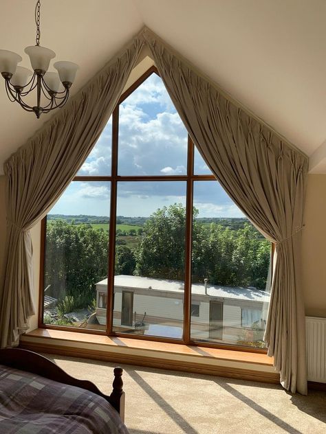 We were asked recently to dress this large apex window — Lesley James – Curtains, blinds and soft furnishings – Gower | Mumbles | Swansea Apex Windows, Loft Curtains, Cottages Interiors, Apex Window, Gable Window, Barn Bedrooms, House Bedroom Ideas, Attic Bedroom Designs, House Blinds