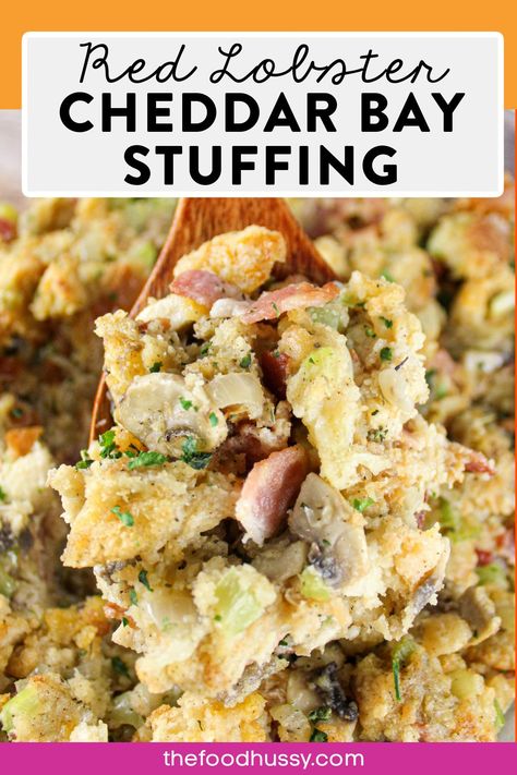 This copycat recipe for Red Lobster Cheddar Bay Stuffing has all the flavors you love about stuffing with the addition of those cheesy garlicky buttery Cheddar Bay Biscuits! Stuffing everyone will ask for again and again! Red Lobster Cheddar Bay Stuffing, Cheddar Bay Stuffing Recipe, Red Lobster Cheddar Bay Biscuit Stuffing, Cheddar Bay Biscuit Stuffing, Lobster Restaurant, Red Lobster Cheddar Bay Biscuits, Red Lobster Biscuits, Cheddar Bay Biscuits, 2024 Recipes