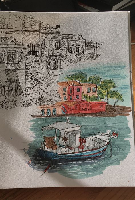 Greece Sketch, Greece Scenery, Scenery Sketch, Greece Drawing, Cute Canvas Paintings, Cute Canvas, Canvas Paintings, Greece, Canvas Painting