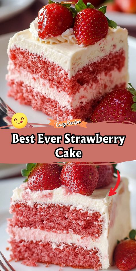 Best Ever Strawberry Cake Strawberry Moist Cake, Strawberry Cake With Cream Cheese Frosting, Strawberry Delight Cake, Strawberry Yellow Cake Mix Recipes, Strawberry Cake Cream Cheese Frosting, Strawberry Cake With Filling, Strawberry Dream Cake, Strawberry Cake Icing Recipe, Strawberry Cake With Cream Cheese Icing