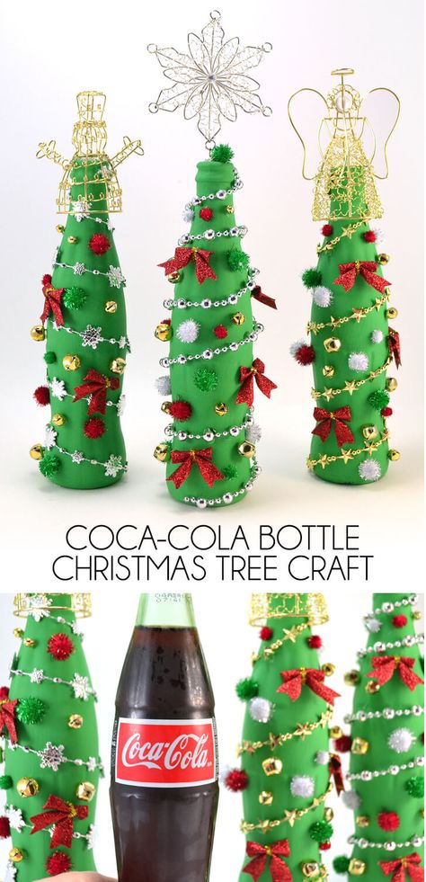 Coke Bottle Crafts, Bottle Christmas Tree, Coca Cola Glass, Wine Crafts, Christmas Tree Craft, Coca Cola Decor, Bottle Centerpieces, Painted Bottles, Recycled Glass Bottles