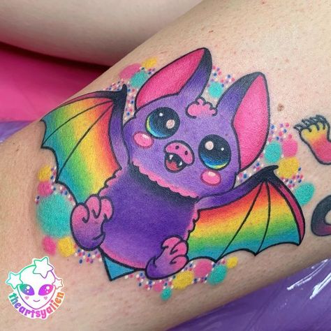 ✩Kassidy Autumn✩ on Instagram: "Got to add this bat baby next to a panther I did 9 months ago! Can’t wait to add more colorful animal friends around 🥰🌈 #tattoo#colortattoo#bat#battattoo#panthertattoo#cutetattoo#kawaii#kawaiitattoo#lisafrank#cincinnati#ohio" Kawaii Animal Tattoo, Cute Bats Tattoo, Pastel Halloween Tattoo, Kawaii Bat Tattoo, Colorful Bat Tattoo, Cartoon Bat Tattoo, Cute Bat Tattoo Ideas, Bat Tattoo Ideas Simple, Kawaii Tattoo Sleeve