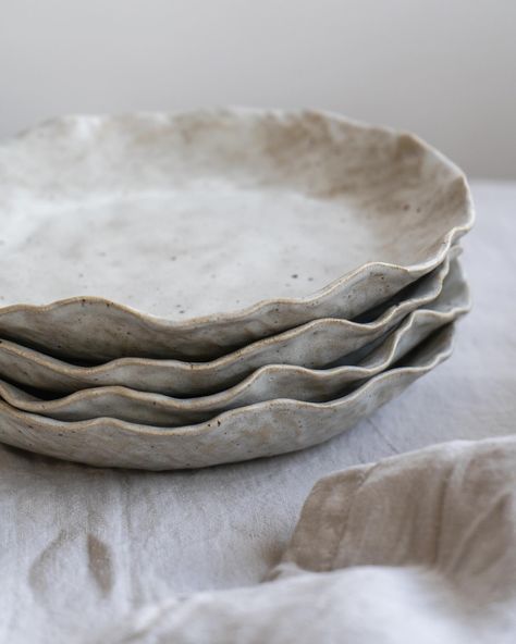 Ebba Pasta Bowl ~ the most elegant shape! Our Ebba bowls are hand moulded in a subtle flecked clay and finished in a wash of our signature pebble glaze. We love the Rippling edges and intricate details which further adds to the rustic charm. Pottery Moodboard, Clay Tableware, Artisan Aesthetic, Ceramic Pasta Bowls, Ceramic Aesthetic, Pottery Aesthetic, Salad Bowls Ceramic, Ceramics Plates, Platter Ceramic