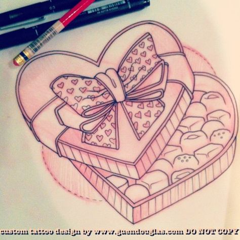 Sketches Heart, Tattoo Sleeve Drawings, Chocolate Tattoo, Heart Shaped Chocolate Box, The Chocolate Touch, Chocolate Drawing, Wing Tattoos On Back, Fear Of Heights, Valentines Day Drawing