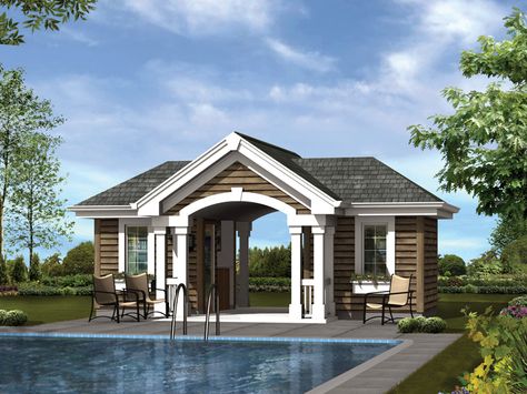 Summersun Pool Pavilion. PROJECT PLAN #593-009D-7527 from houseplansandmore.com Small Pool House Plans, Pool House Bathroom Ideas, Small Pool House, Pool Canopy, Small Pool Houses, Pool House Bathroom, Pavilion Plans, Pool Pavilion, Pool House Designs