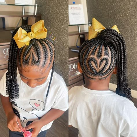 Kiddie Braided Ponytail, Valentine Braided Hairstyles, Heart Braid Styles For Kids, Toddler Braids With Heart, Heart Ponytails For Kids, Kid Heart Braid Styles, Cute Braided Hairstyles For Kids Valentines Day, Valentines Braids Girl Hairstyles Black, Heart Hairstyle For Kids Easy Black