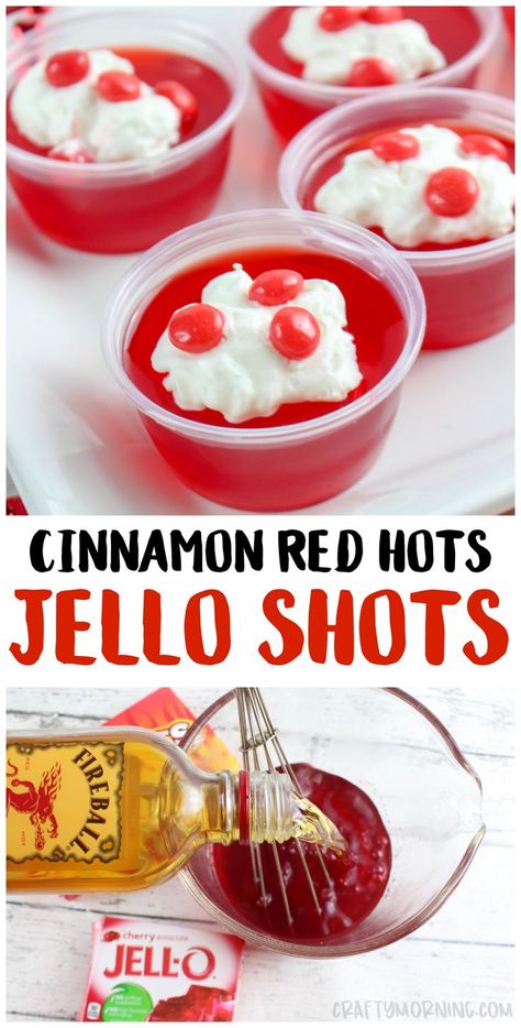 Make these yummy cinnamon red hots jello shots! Fun valentines day idea. Fireball whiskey jello shots recipe. Red jello shots idea #jello #jelloshots #spicydesserts #dessert #cinnamonrecipes #alcoholicrecipes #craftymorning Fireball Shots Jello, Red Jello Shots Recipe, Fire Ball Jello Shots Recipe, Cinnamon Jello Shots, Cherry Fireball Jello Shots, Valentine Jello Shots, Jello Shots Fireball, Jello Shots With Fireball, Fireball Jello Shots Recipe