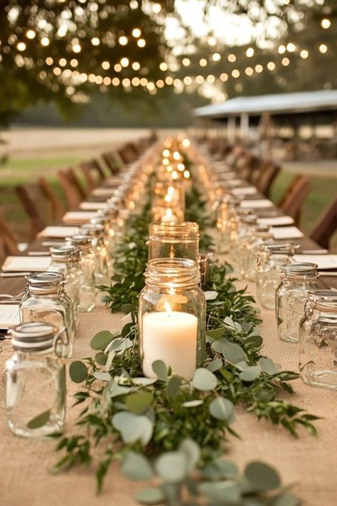 Backyard Wedding Decor Ideas: 10 Tips for a Dreamy Celebration - Yeah Weddings Laid Back Outdoor Wedding, Casual Outdoor Wedding Table Decor, Casual Wedding Reception Ideas Decor, Backyard Wedding Dinner Table, Anniversary Party Ideas Outdoor, Backyard Centerpiece Ideas, Camping Wedding Ideas Decorations, Picnic Table Decor Wedding, Casual Wedding Party Ideas