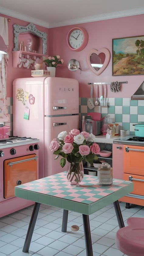 70s Kitchen Aesthetic, Retro Apartment Aesthetic, Retro Home Decor 1950s, Pink Kitchen Aesthetic, Pink Retro Kitchen, Kitschy Aesthetic, Pink House Interior, Word Decoration, Sims 4 Apartment