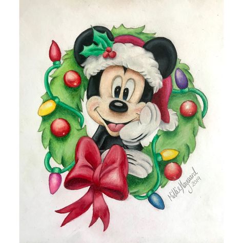 Christmas Coloured Pencil Drawings, Colored Pencil Drawing Christmas, Color Pencil Christmas Drawings, Christmas Drawing Colored Pencil, Disney Christmas Paintings, Christmas Disney Drawings, Christmas Drawings Realistic, Mickey Mouse Art Draw, Christmas Drawings Pencil Sketches