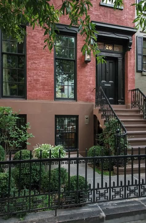 Brownstone Homes, West Village Townhouse, Wrought Iron Railings, New York Townhouse, Townhouse Exterior, Iron Railings, Trendy Apartment, Row House, Greenwich Village