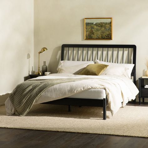 Solid Wood Bed Frame, Spindle Bed, Black Headboard, Slatted Headboard, Solid Wood Platform Bed, Queen Mattress Size, Solid Wood Bed, Wood Platform Bed, Beds & Bed Frames