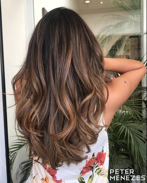 Espresso Brown Hair with Cinnamon Highlights Brown Hair With Brassy Highlights, Honey Color Highlights, Honey Colored Highlights, Subtle Honey Highlights, Warm Brunette Hair Color With Highlights, Warm Brown Hair Balayage, Brunnete Balayage Brunettes, Brunnete Hair Ideas Colour, Honey Lowlights