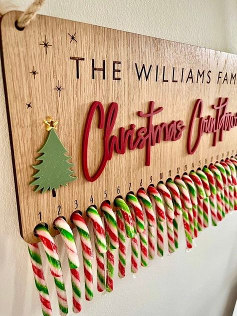 Laser Cut Christmas Ideas Wooden Countdown To Christmas, Wooden Christmas Plaques, Candy Cane Countdown Diy, Candy Cane Advent Calendar Diy, Wooden Christmas Countdown, Candy Cane Christmas Countdown, Candy Cane Advent Calendar, Candy Cane Countdown, Christmas Workshop Ideas