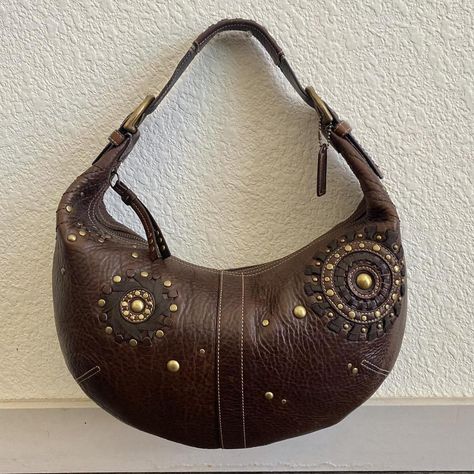 AUTHENTIC COACH BROWN AND GOLD STUD SLING LEATHER... - Depop Beach Monogram, Boho Western Style, Y2k Handbag, Women's Totes, Studded Purse, Vintage Coach Bags, Chocolate Leather, Michael Kors Shoulder Bag, Style Coach