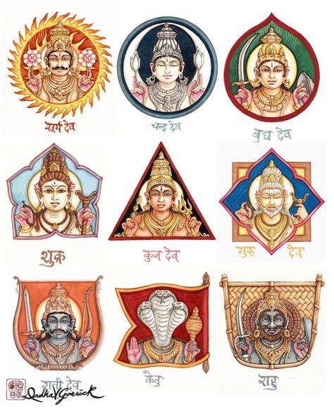 Planet Painting, Jyotish Astrology, Contemporary Folk Art, Hindu Dharma, Hinduism Art, Vedic Art, Tanjore Painting, Goddess Artwork, Hindu Mythology