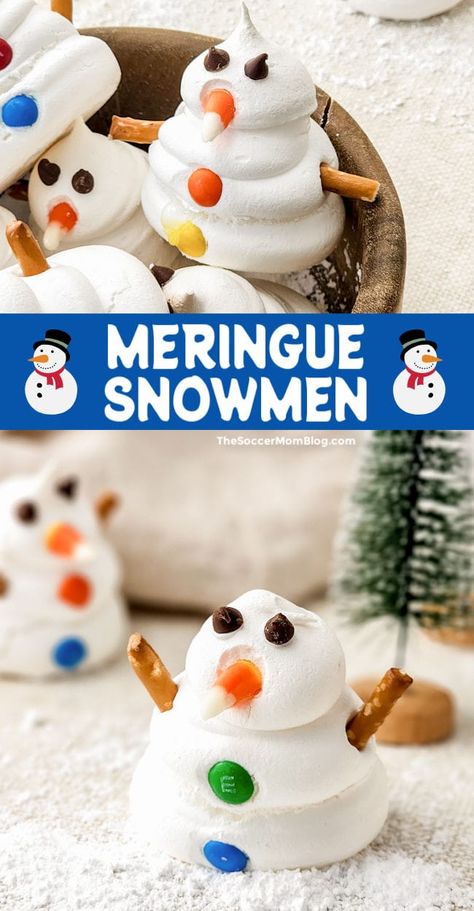 These snowman meringues are a whimsical holiday treat that’s easy to make and even more fun to eat! A classic meringue recipe that is piped into the shape of little snowmen and decorated with fun accesories! Make this fun and festive dessert recipe this Christmas! Meringue Christmas Cookies, Meringue Snowman, Meringue Animals, Meringue Cookies Christmas, Crockpot Christmas Recipes, Snowman Desserts, Southern Christmas Recipes, Cookies Christmas Recipes, Classic Christmas Recipes