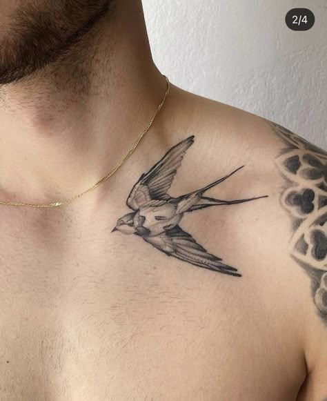 Sparrow Collar Bone Tattoo, Swallows Chest Tattoo, Whiskey Jack Bird Tattoo, Men Torso Tattoo, Swallow Tattoo Chest, Bird Collar Bone Tattoo, Chest Tattoo Birds, Free Bird Tattoo, Dark Tattoos For Men