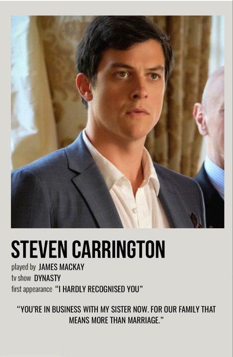 minimal polaroid character poster for steven carrington from dynasty Steven Carrington, Dynasty Characters, Dynasty Tv Show, Carrington Dynasty, Denver Clan, Jade West Victorious, Minimal Posters, Queen Liz, Best Movie Quotes