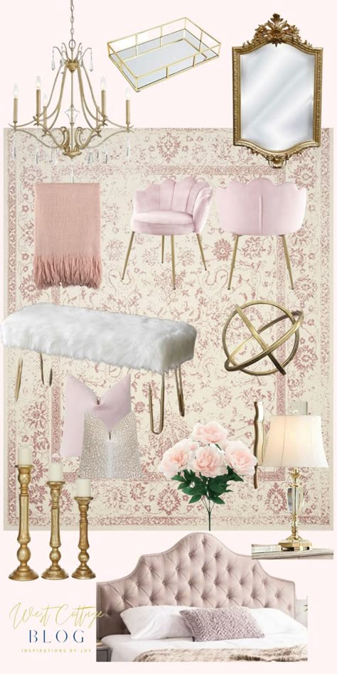 Bedroom Pink And Gold, Gold And Pink Bedroom Ideas, French Pink Bedroom, Feminine Aesthetic Bedroom, Classy Bedroom Pink, French Chic Bedroom Decor, Pink And Gold Bedroom Decor, Pink And Gold Apartment Decor, Pink Chic Bedroom