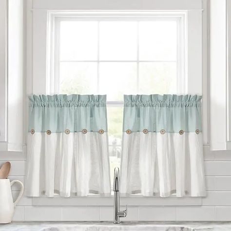 Linen Button Kitchen Window Tiers Set Blue | Antique Farmhouse Curtains Fabrics, Farmhouse Windows, Tier Curtains, Charming Kitchen, Lush Decor, Kitchen Window Treatments, Kitchen Curtain, Rod Pocket Curtain Panels, Farmhouse Style Kitchen