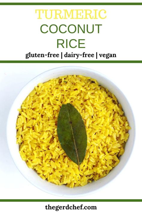 Golden, fragrant, and fluffy jasmine rice that will compliment a variety of dishes with its flavors of buttery coconut and poignant turmeric. This gluten-free, dairy-free, vegan coconut turmeric rice makes a great addition to a meal, especially if you have digestive issues like Celiac disease, or GERD or chronic acid reflux. #gerdrecipes #acidrefluxrecipes #gerddiet #turmericrice #turmericcoconutrice #turmericjasminerice Gerd Friendly Recipes, Gerd Friendly, Gerd Recipes, Reflux Recipes, Coconut Rice Recipe, Gerd Diet, Anti Inflammation Recipes, Acid Reflux Recipes, Reflux Diet