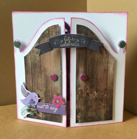 Garden Gate Card by Julie Hickey for Craftwork Cards  www.craftworkcards.com Door Invitation Card, Gate Cards Template, Barn Door Cards Handmade, Fairy Door Designs, The Most Beautful Fairy Doors, Craftwork Cards, 3d Shape, Shaped Cards, Diy Door