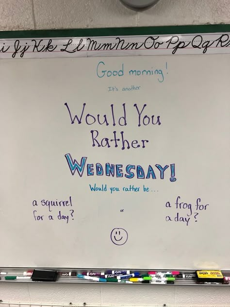 What a fun morning message for the classroom! Would you rather Wednesdays! #goodmorning Wednesday Ideas, Whiteboard Prompts, Whiteboard Messages, Substitute Teaching, Responsive Classroom, Elementary Classroom Decor, Teacher Boards, Middle School Classroom, Classroom Community