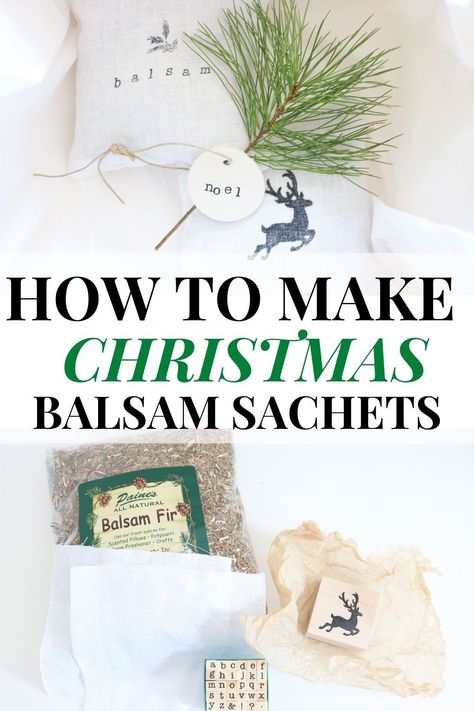 DIY Balsam Sachet - make this simple sachet with loose balsam for a Christmas tree scent! Embellish with stamps and give as a Christmas gift. #balsamsachet #christmassachet Pine Needle Sachets Diy, Christmas Scented Sachets, Christmas Scented Sachets Diy, Diy Scent Sachets, Scented Sachets Diy How To Make, Sachets Diy How To Make, Diy Sachet Bags, Diy Sachets, Apothecary Store