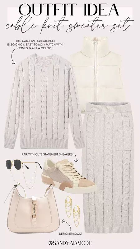 Amazon fashion | winter white outfit | cable knit sweater skirt set | how to style a sweater skirt | Amazon puffer vest | chic Amazon handbag Cream Sweater Outfits, Amazon Fashion Winter, Sweater Set Outfits, Women's Wardrobe Essentials, Winter White Outfit, Set Outfits, Ivory Sweater, Fashion Business Casual, Fall Capsule Wardrobe